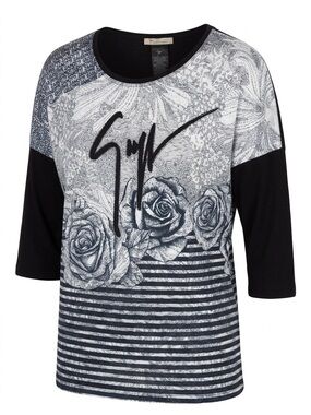 Title: AZRA Women’s XXL Black & Gray Rose Graphic Striped 3/4 Sleeve Top